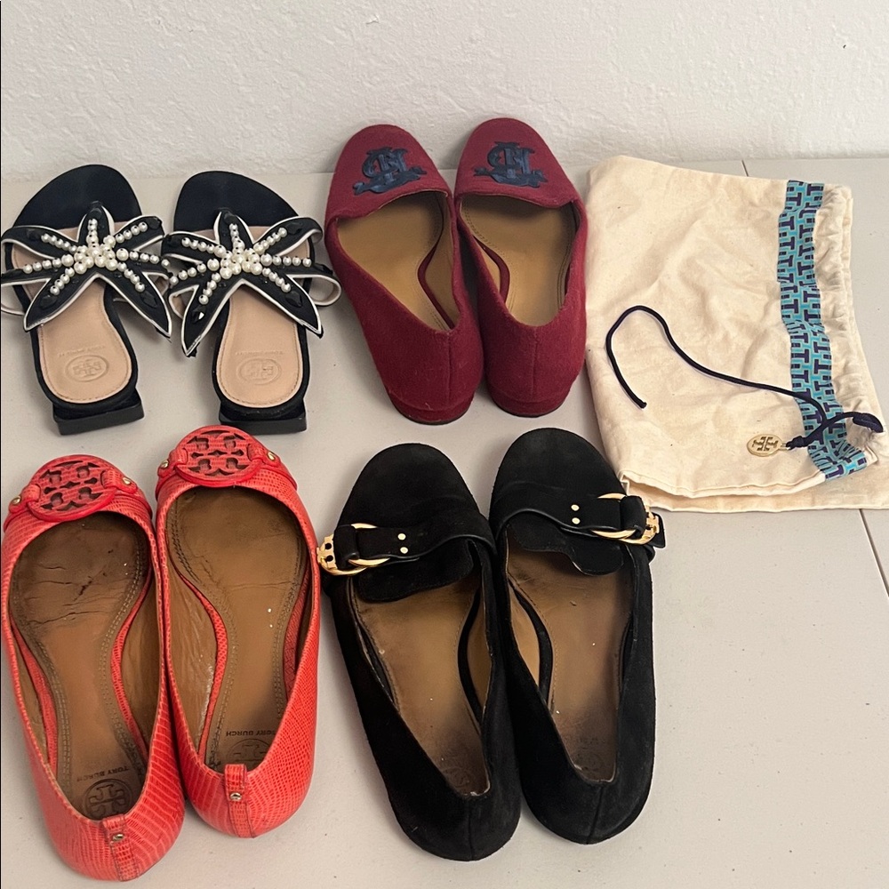Bundle of Tory Burch Black, Orange, burgendy Flats Collection.